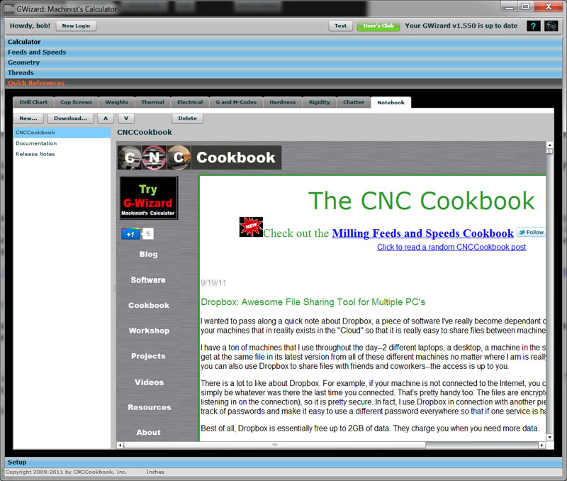 CNCCookbook website screenshot on computer screen with gray background and tabs for machining topics.