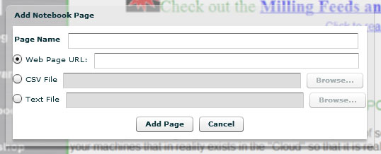 Gray webpage with black text, dialog box for adding a new notebook page.