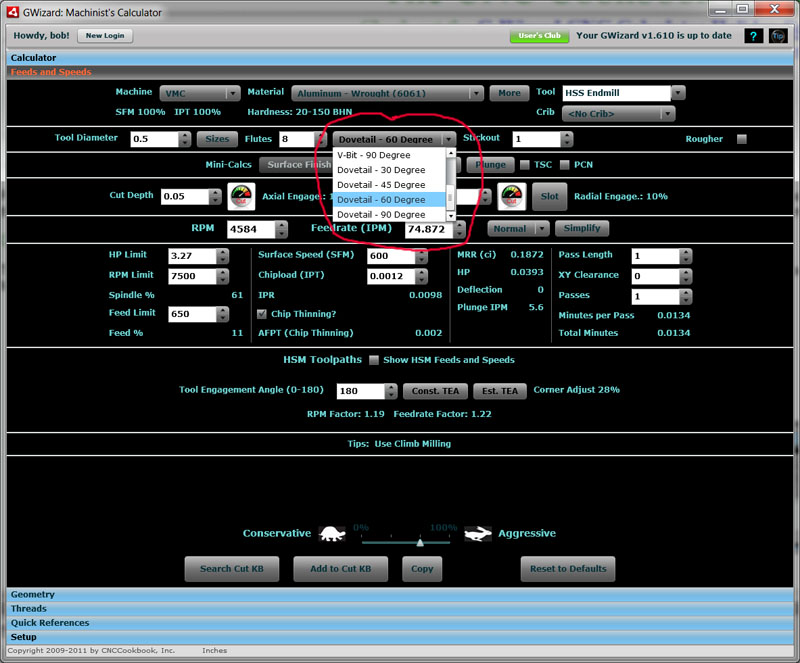 Machining software interface with machine parameters, cutting tool menu, and material properties settings.