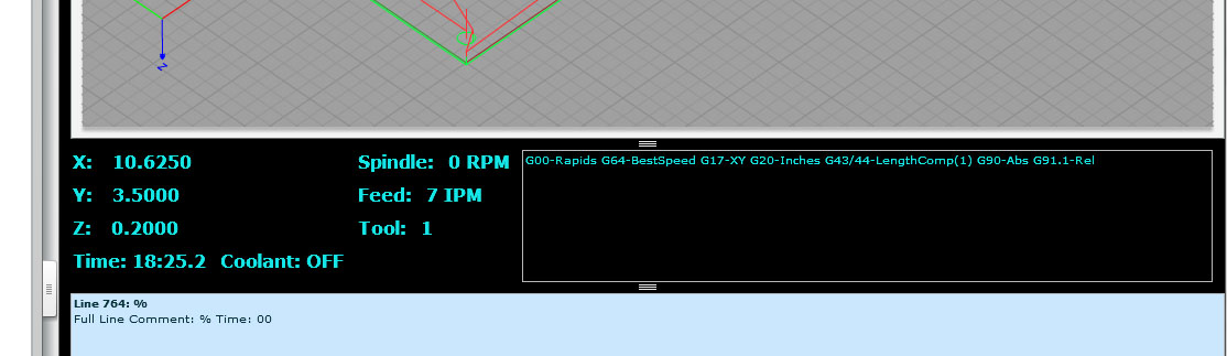 Computer screen with gray background and grid pattern, showing multiple windows displaying data: graph trend, machine parameters (spindle speed, feed rate), and programming options.