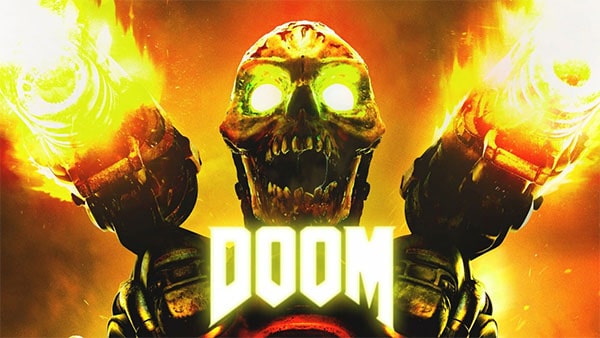A skeleton with glowing eyes, spiked shoulder pads, and flames, with the word "DOOM" displayed prominently.