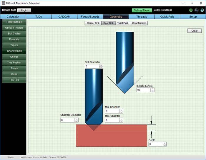 spot drill geometry calculator