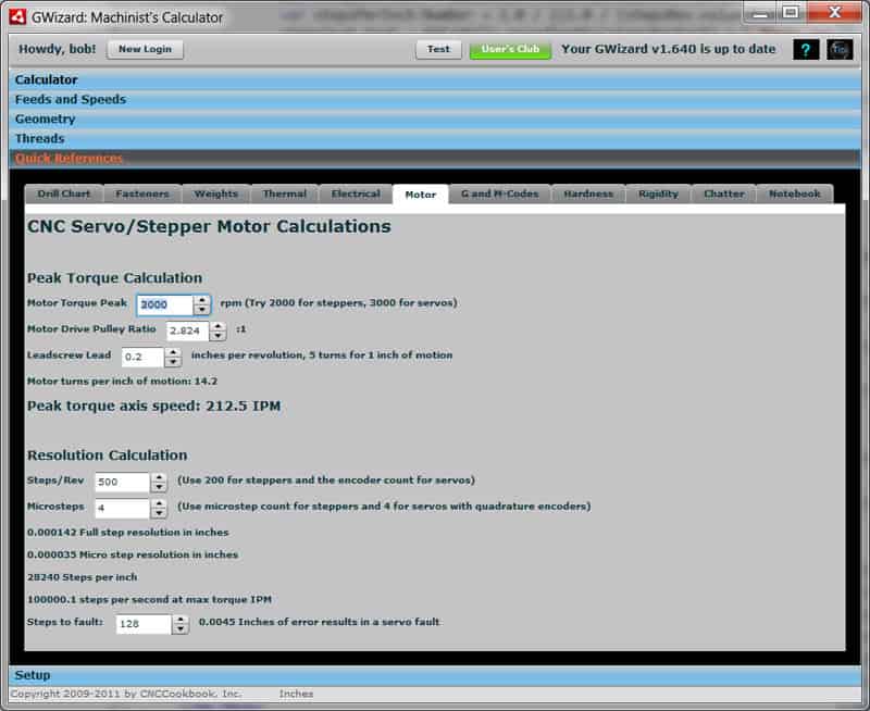 Screenshot of CNCCookbook.com calculator for stepper motor sizing.