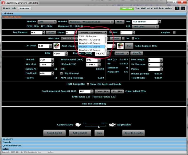 Screenshot of gwizard machinist's calculator software displaying various machining parameters and controls for tool setup and cutting conditions.