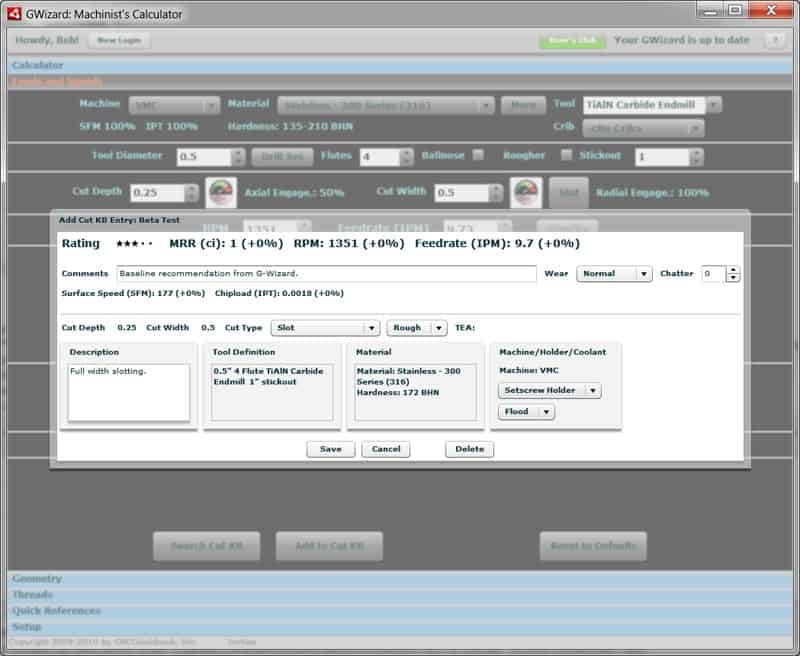 Screenshot of gwizard machinist’s calculator software interface showing tabs for rpm, feed rate calculations, and material settings.