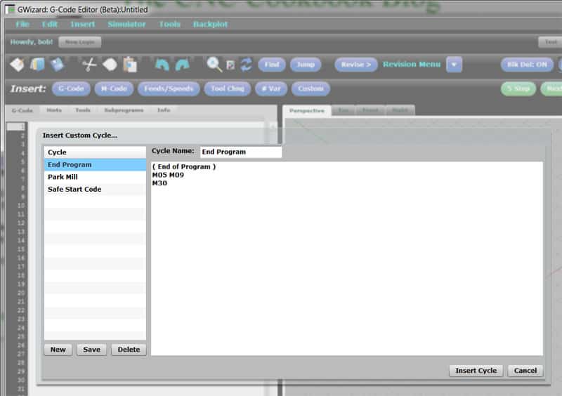 A screenshot of the gwizard g-code editor interface showing an open dialog box for inserting a custom cycle named "end program.