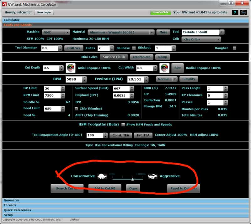 A screenshot of a computer screen showing different options on the G-Wizard calculator.