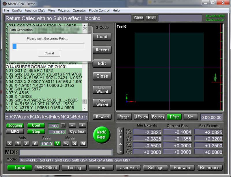 Screenshot of mach3 cnc software interface displaying path generation status, toolpath visualization, and numerical data related to a machining process.