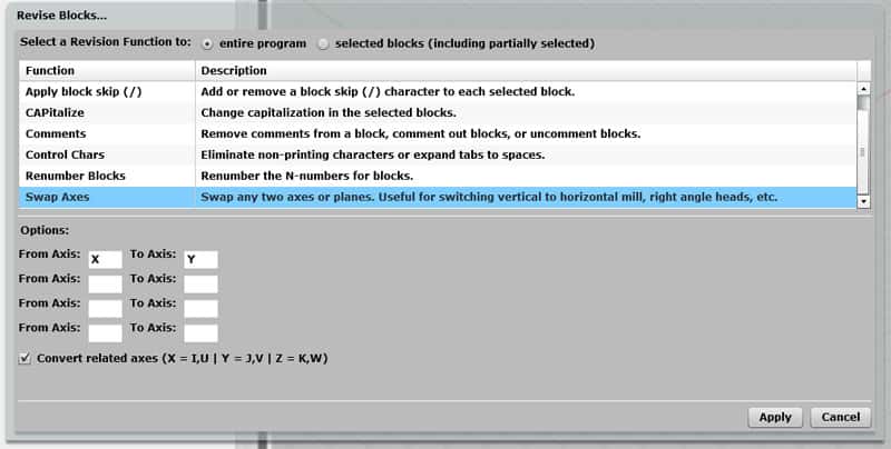 Screenshot of a software dialog box with options for revising block diagrams, including the ability to rename, comment, and renumber blocks, and swap axes.