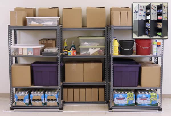 Shelving unit with household items.