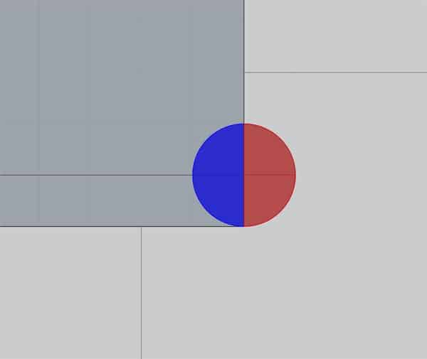 Gray background with blue circle and red semicircle.