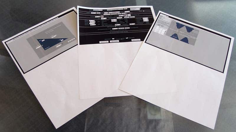 Three pieces of paper with different designs on them, printed using G-Wizard Calculator v1.700.