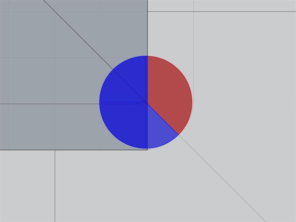 Gray squares and colored pie chart with blue and red sections.