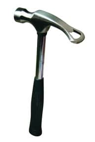 Ergonomic hammer-style package opener with metal head and curved claw.