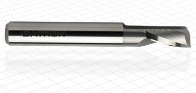 Silver DATRON single flute end mill against a white background with a grid pattern.
