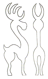 Two stylized line drawings of deer; the left one displays a dynamic, curvy posture with an elaborate antler, and the right one is simpler and more vertical.