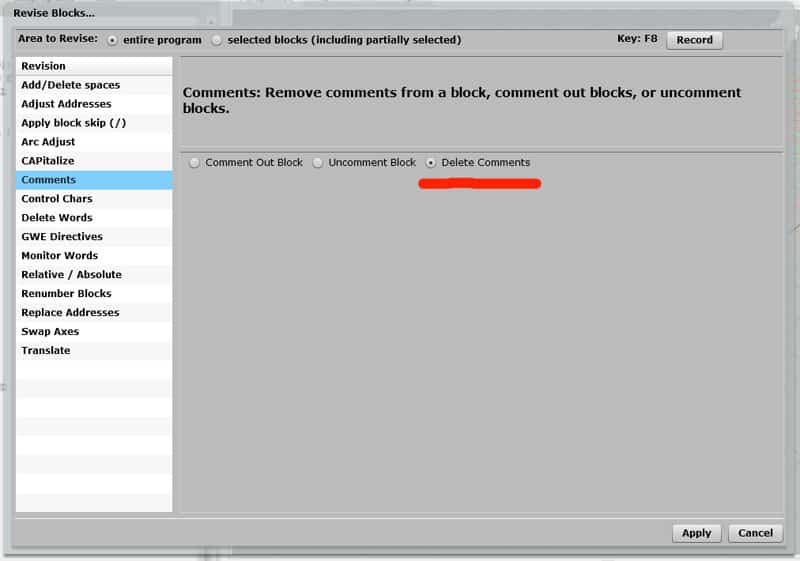 CNC software interface with Revise Blocks feature.