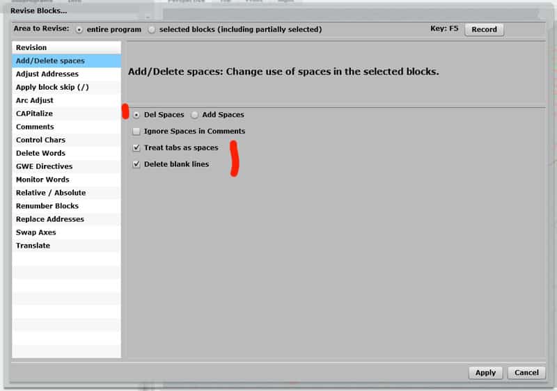 Computer screen displaying dialog box with Add/Delete spaces and Treat tabs as spaces options.