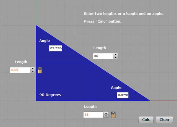 Trigonometry calculator tool with blue triangular shapes and input fields.