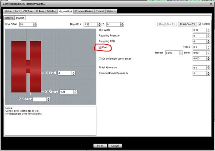 Computer screen with machining program window featuring red "H" logo, numerical data, and configuration options.