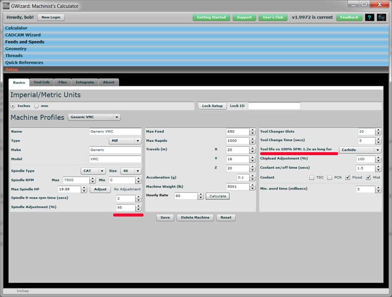 GWizard website's Machinist's Calculator tool screenshot with tabs and input fields.
