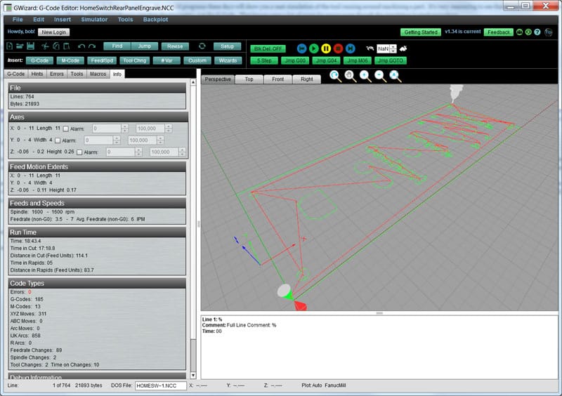 A screen shot of a computer screen showing a 3d model created using G-Wizard Editor.