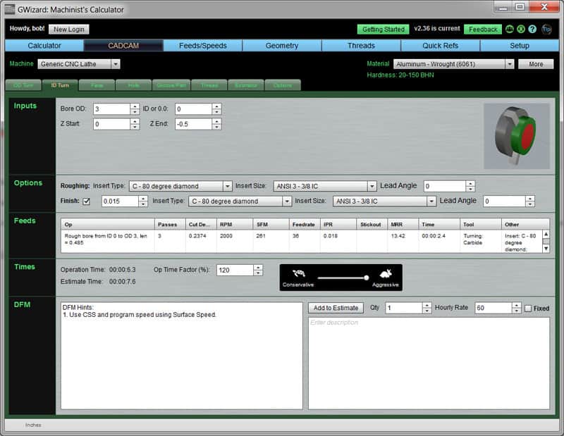Machining software interface with tabs and input fields.