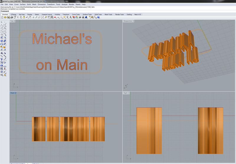 Gray grid CAD screenshot with 3D extruded text design in orange.