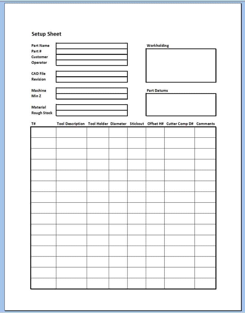 A sample setup sheet for an art work order form.