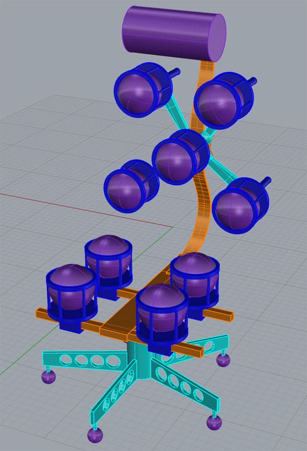 A 3D rendered lumbar chair with purple accents.
