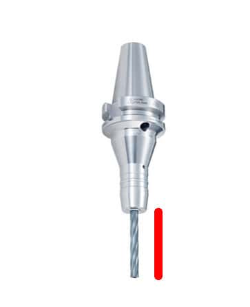 A metal drill bit with a red tip designed for deep slot tooling to ensure maximum survival in tough drilling tasks.