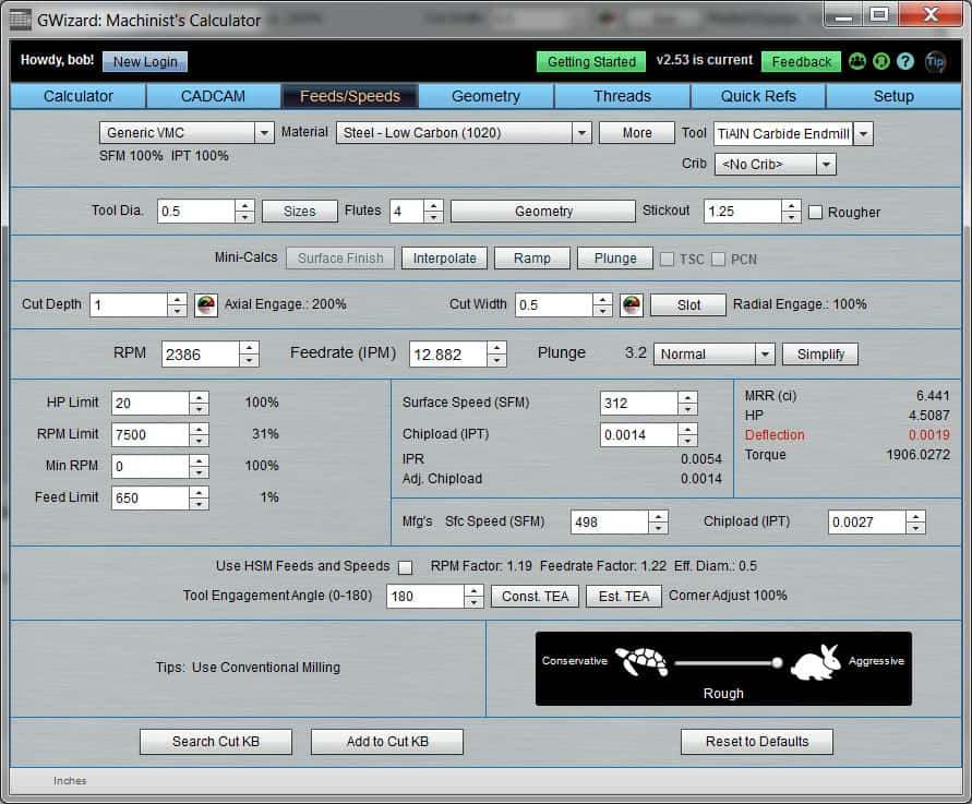 GWizard: Machinist's Calculator interface on CNCCookbook.com