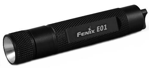 Black flashlight with Fenix E01 branding and textured grip.