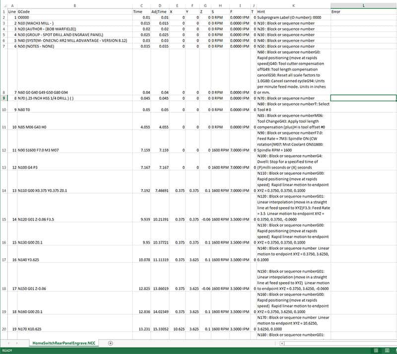 Machining process management spreadsheet screenshot