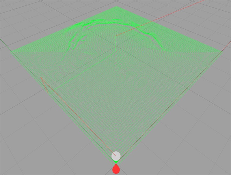 A 3d rendering of an object with a green arrow pointing in a quick way.