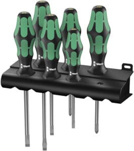 Black handled screwdrivers with flathead, Phillips head, and Torx bits.