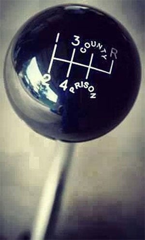 A picture of a shift knob with the word "country" written on it, showcasing a high gear design.