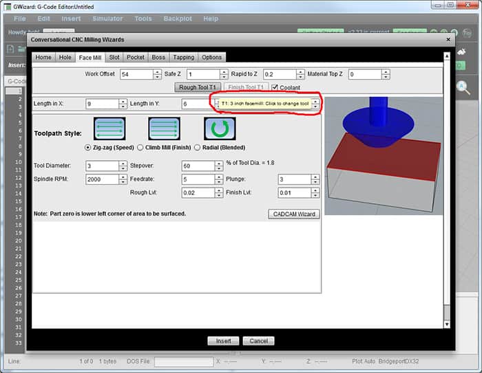Computer screen displaying G-Wizard: G-Code Editor/Unlimited settings and options.