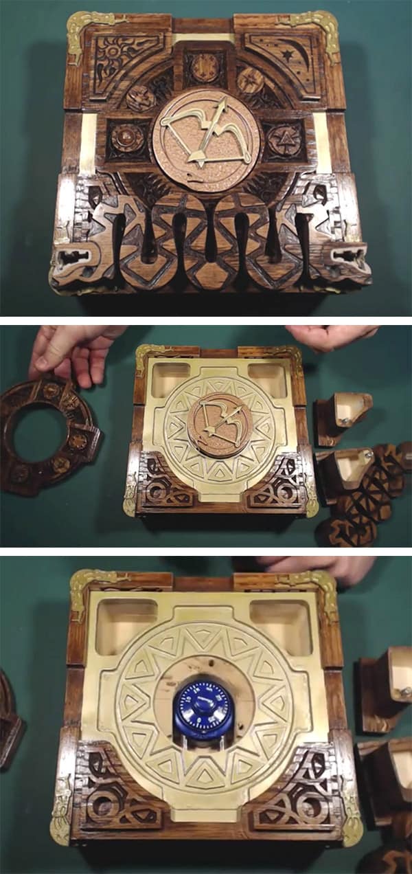 Intricate carved wooden puzzle box with blue dial.