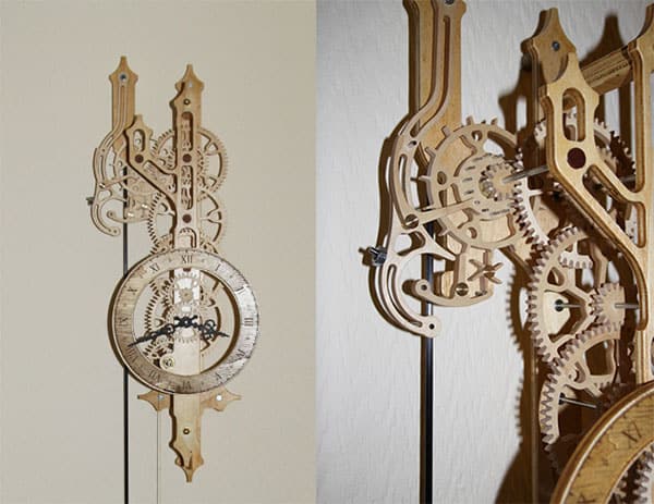Intricate skeleton clock mechanism with complex gears and components.