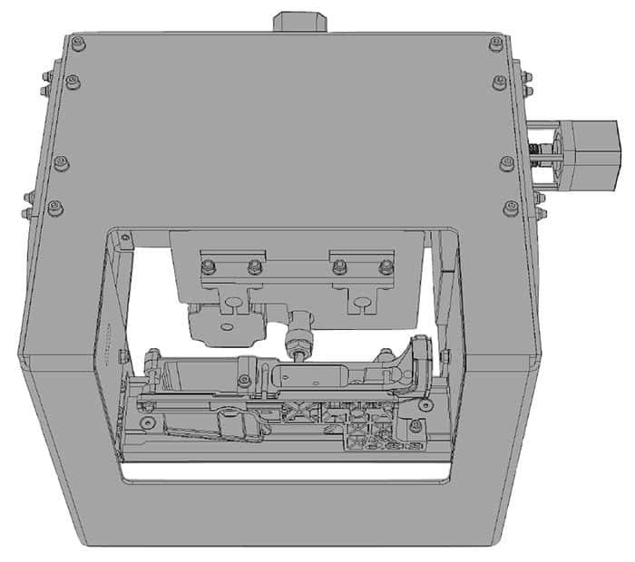 Gray box with open front panel, internal components visible, square shape with rounded corners and small screws on edges.