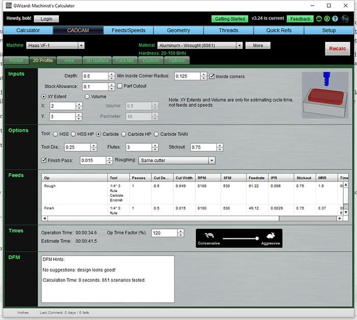 A screen shot of a computer screen displaying 2D Profiling on a CNC Mill.