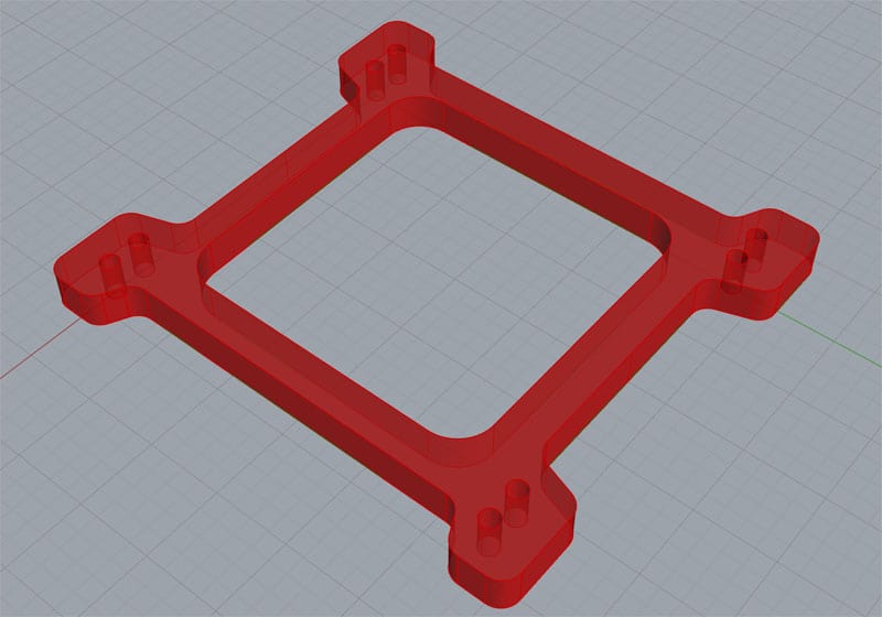 3D rendering of a red drone frame part with four extended arms and mounting holes, created using cam software, displayed on a grid background.