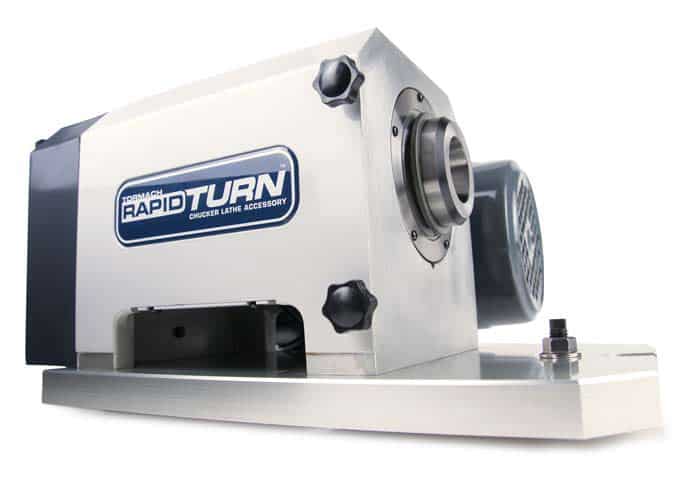 Silver and black Tormach Rapid Turn chucker lathe accessory on a white background.
