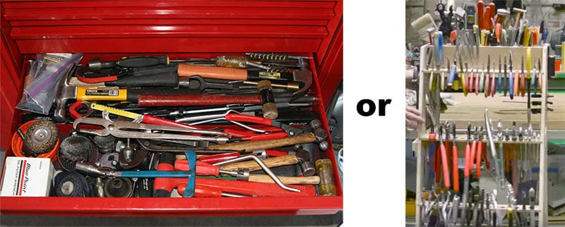 A picture of a tool box in a shop organized work station.