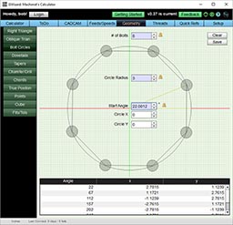 Calculator tool with input fields for bolt circle dimensions.