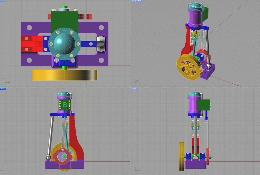 Computer-generated 3D mechanical device model in various colors.