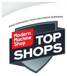 Machining benchmarking logo with red and gray shield.