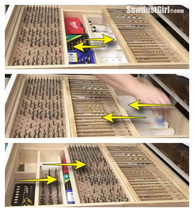 Organized tools and accessories in a sliding drawer setup with SawdustGirl.com watermark and CNCCookbook.com URL.