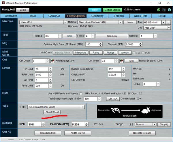 g-wizard feeds speeds cheat sheet button